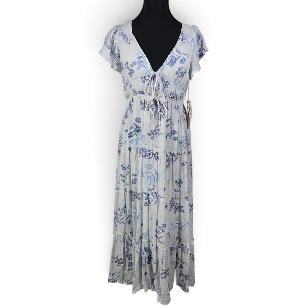 Rachel Paige Dress Womens Small Maxi Blue Floral Tiered Flutter Sleeve NEW Boho
